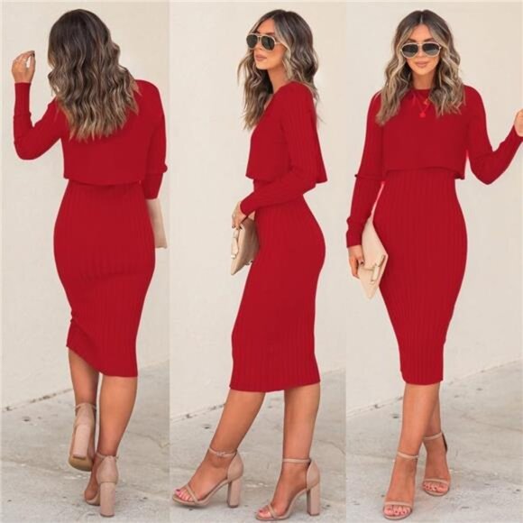 Women's 2 Piece Set Ribbed Knit Bodycon Midi Sweater Dress - Picture 2 of 5